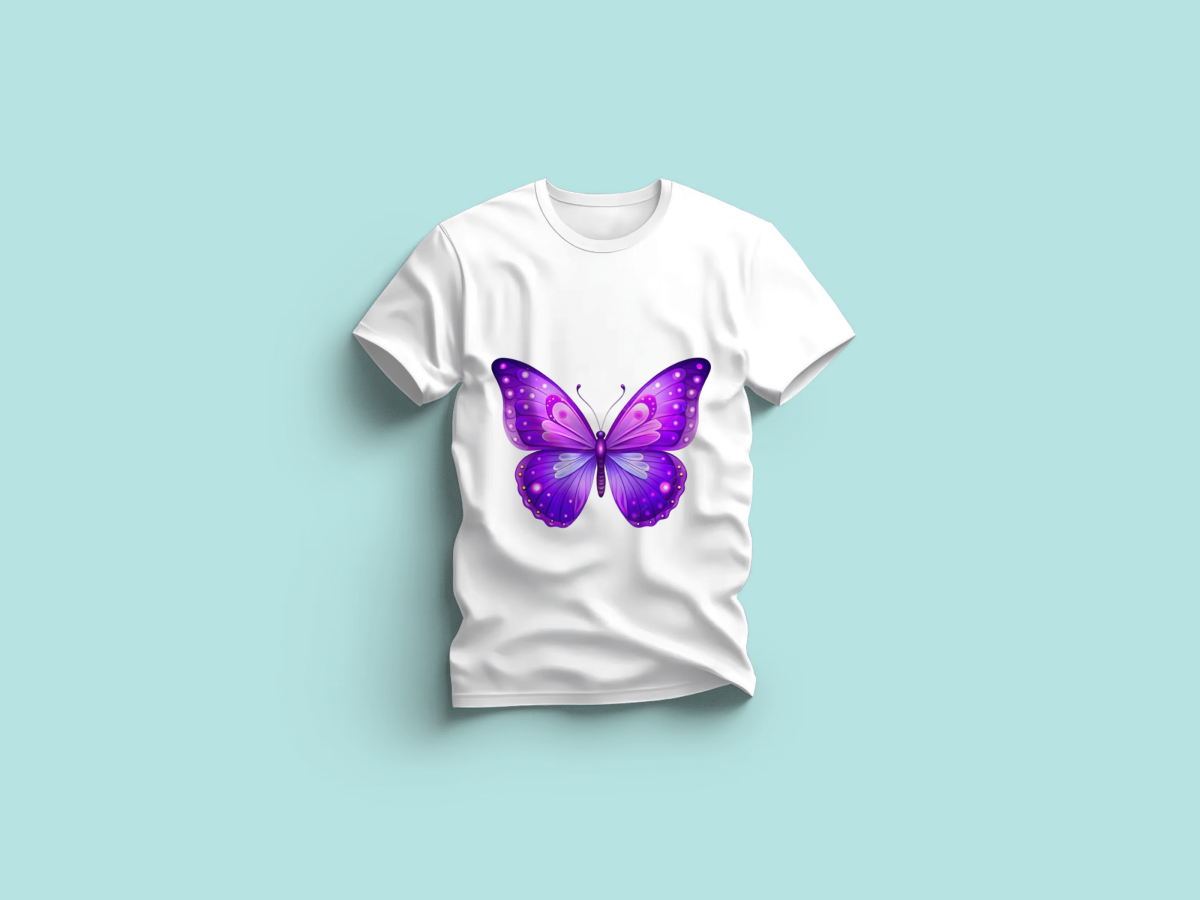 The Everyday Graphic Tee: Premium White Crewneck with Purple Butterfly