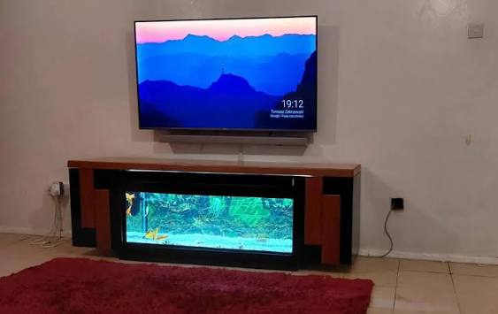 Handcrafted Mvule Wood TV Stand Aquarium Combo