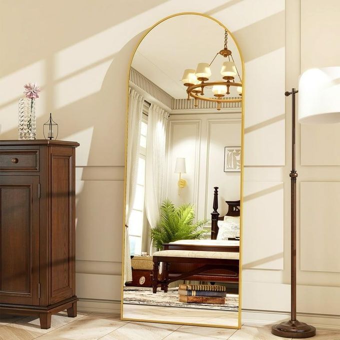 Full-Length Standing Mirror — Gold Arched Metal Frame