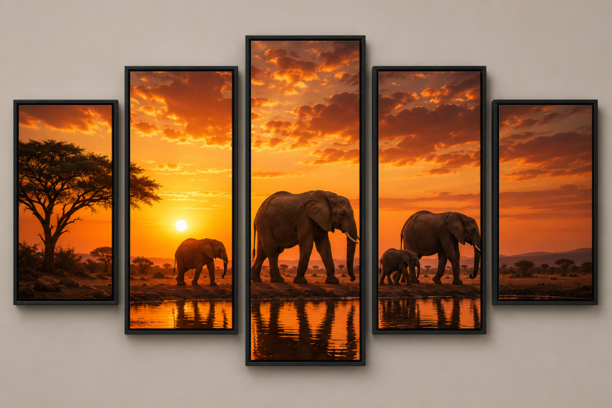 Elephants at Sunset — 5-Piece Framed Wall Décor Set