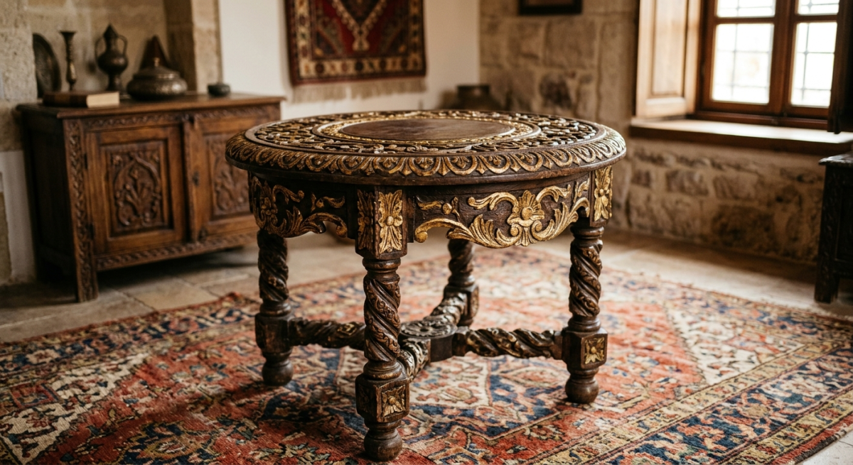 Carved Wooden Stool with Antique Gold Detailing