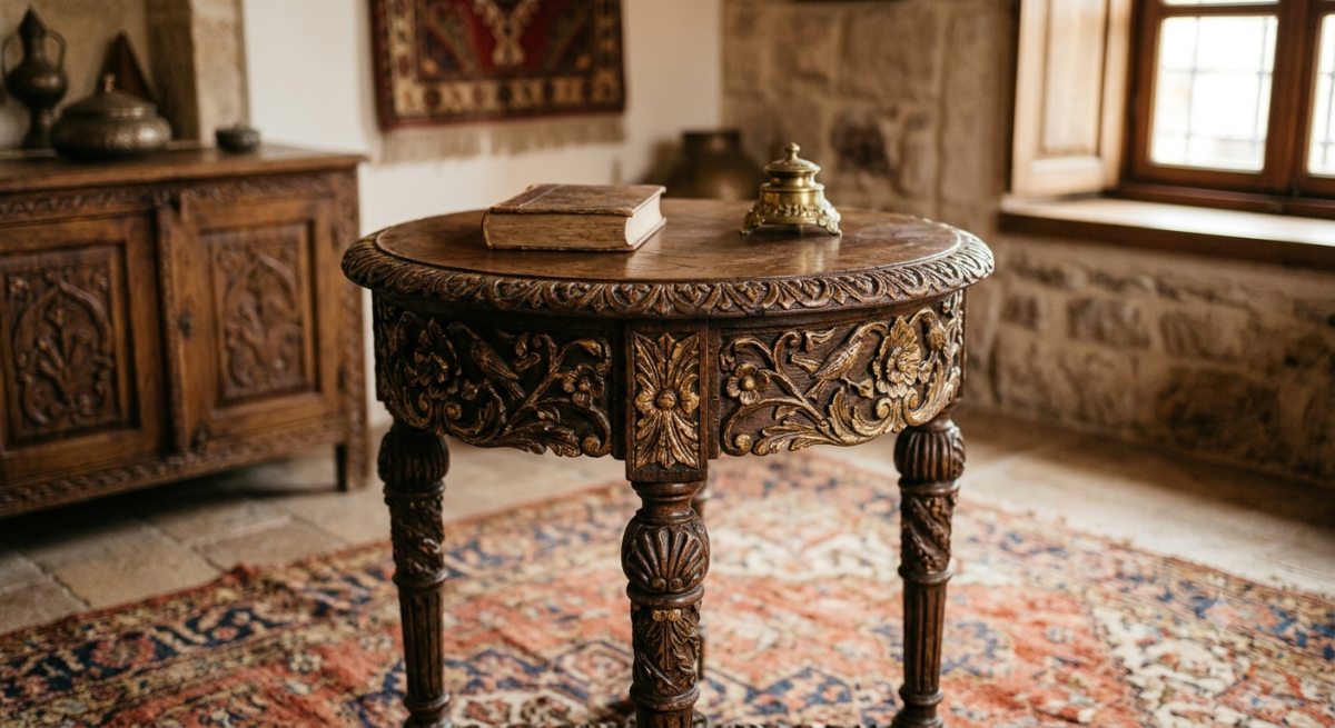 Antique Wood Side Table — Carved Edge Detailing