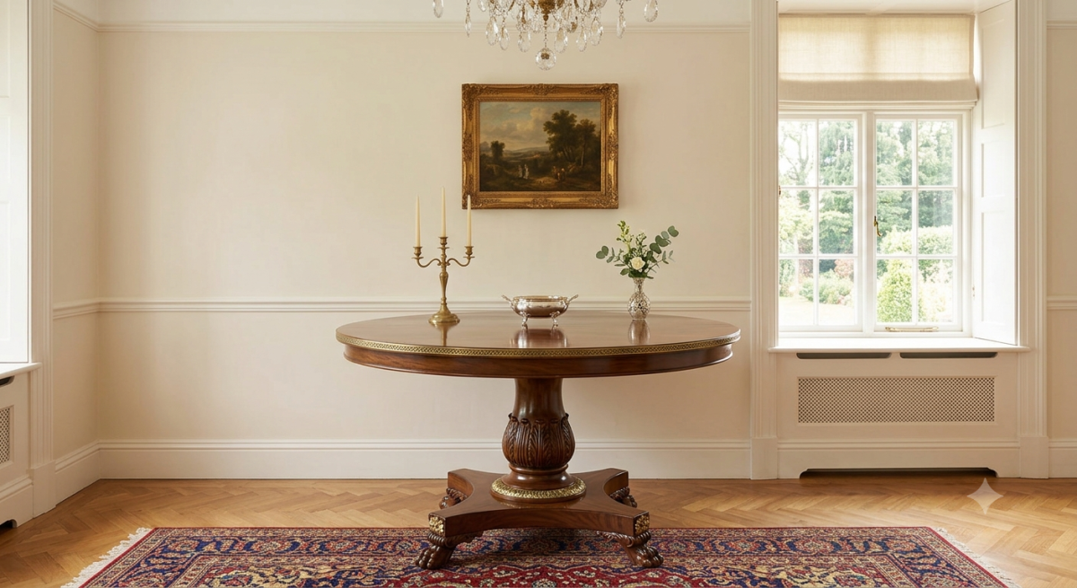 Round Wooden Pedestal Table — Antique Brass Accents