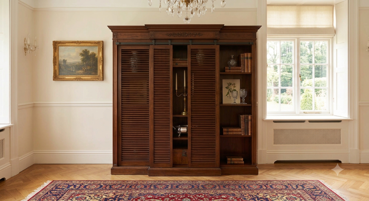 Slatted Sliding-Door Cabinet — Malbec Wood Finish