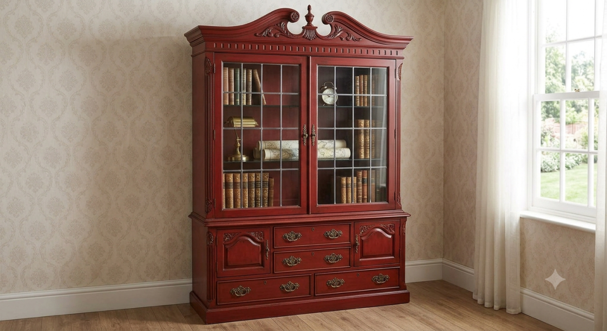 Red Traditional Office Cabinet with Glass Doors