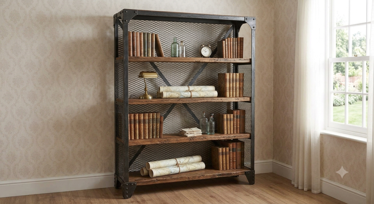 Industrial-Vintage Open Bookshelf — Metal Frame & Wood Shelves