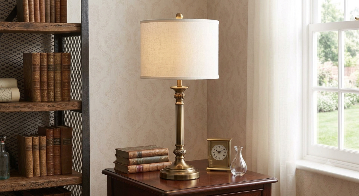 Vintage Brass Table Lamp with Fabric Drum Shade