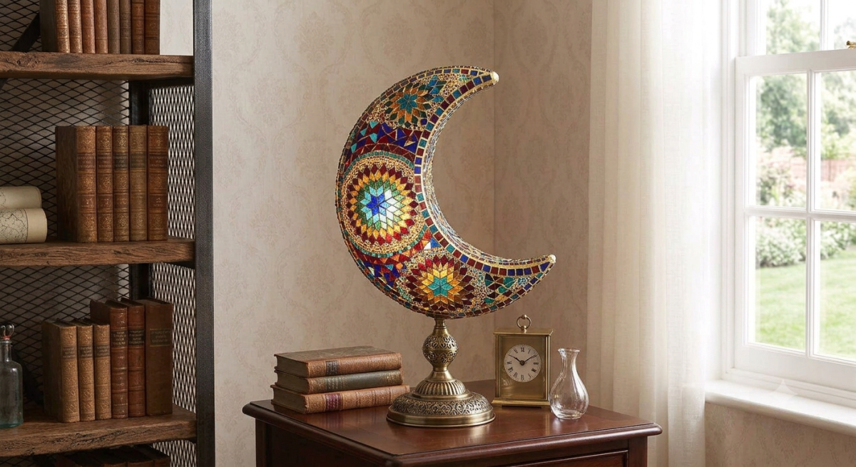 Turkish Mosaic Moon Lamp — Handcrafted Glass