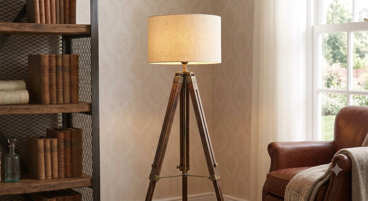 Vintage Tripod Floor Lamp — Wooden Legs & Fabric Shade